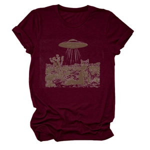 Detail of burgundy cat and UFO graphic print on a soft cotton crewneck T-shirt