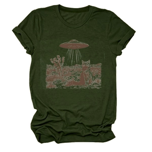 Close-up of cat and UFO desert illustration printed on a dark green cotton T-shirt