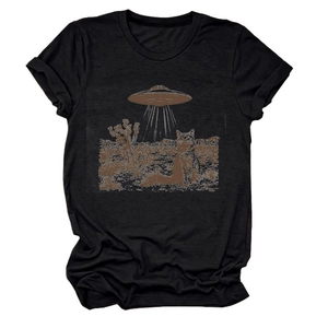 Detail view of retro cat and UFO spaceship print on a black cotton crew neck t-shirt