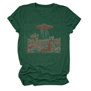 Detailed flat lay of dark green crewneck T-shirt with vintage UFO and cat graphic print