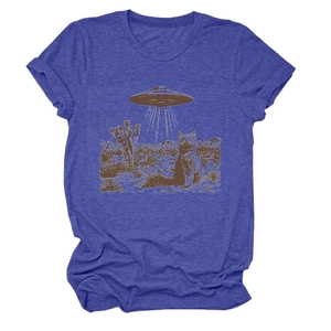 Detailed view of UFO and cat vintage print on a navy blue cotton blend t-shirt