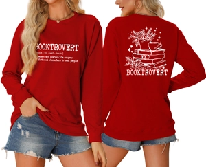 Front and back detail of red Booktrovert sweatshirt with white floral book illustrations