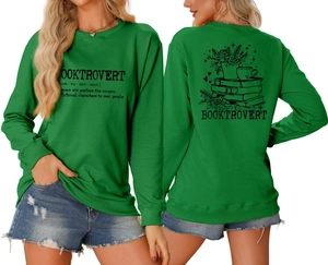 Detailed front and back views of a green crewneck sweatshirt with Booktrovert book graphics