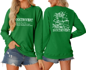 Detail of green Booktrovert sweatshirt showing ribbed cuffs and botanical book illustrations