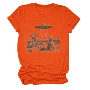 Detail of vintage cat and UFO graphic print on an orange cotton crew neck t-shirt