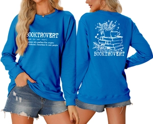 Detail of blue Booktrovert sweatshirt with graphic print and dictionary definition text