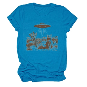 Detail of blue cotton T-shirt featuring retro cat and UFO desert landscape illustration