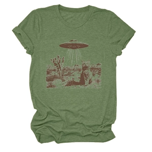 Detail of creative UFO and cat print on a light green cotton crew neck t-shirt for women