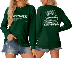 Detail view of Booktrovert sweatshirt showing the front text and back bookish illustration