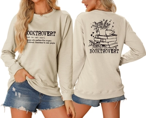 Detailed front and back view of Booktrovert sweatshirt with floral book illustration