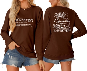 Detailed front and back views of coffee brown sweatshirt with booktrovert print design