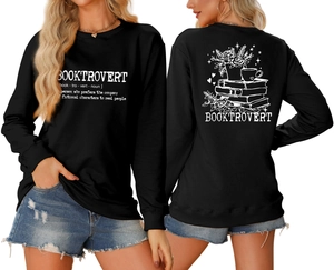 Detail view of Booktrovert sweatshirt with floral book back print and dictionary front design