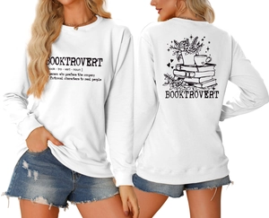 Detailed front and back view of Booktrovert sweatshirt with book and coffee graphics
