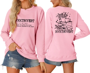 Detailed front and back view of pink Booktrovert sweatshirt with aesthetic book graphics