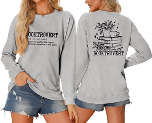 Detailed front and back view of Booktrovert light grey crewneck sweatshirt with graphic art