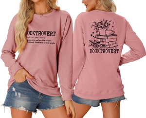 Detail view of mauve crewneck sweatshirt with BOOKTROVERT back print and floral book graphics