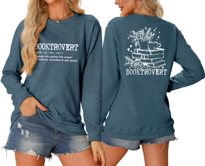 Front and back view of navy blue Booktrovert sweatshirt with floral book illustration
