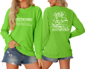 Front and back detail of neon green Booktrovert sweatshirt with white floral book prints