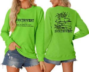 Detailed front and back view of green crewneck sweatshirt with Booktrovert floral graphics