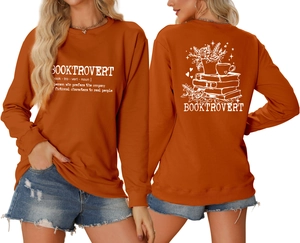 Detailed front and back view of orange Booktrovert crewneck sweatshirt with ribbed cuffs