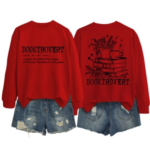 Front and back detail of red Booktrovert sweatshirt with vintage style book graphics
