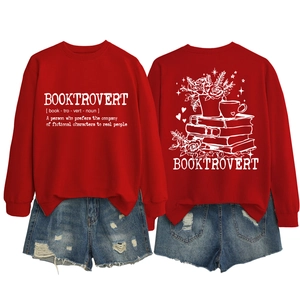 Detailed front and back views of a red long sleeve sweatshirt with Booktrovert art prints