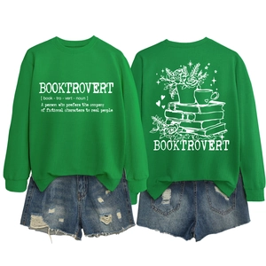 Front and back detail of Booktrovert sweatshirt with vintage denim shorts and floral prints