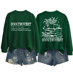 Front and back detail of a forest green crewneck sweatshirt with BOOKTROVERT bookish print