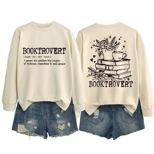 Front and back detail of cream sweatshirt with booktrovert text and floral graphic