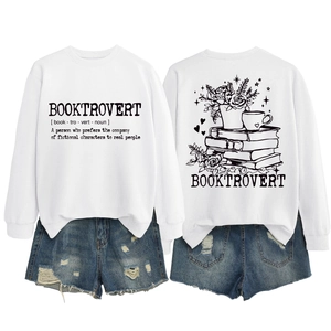 Front and back detail of Booktrovert sweatshirt with aesthetic book and floral graphics