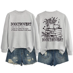 Booktrovert gray crewneck sweatshirt and distressed denim shorts set with graphic print