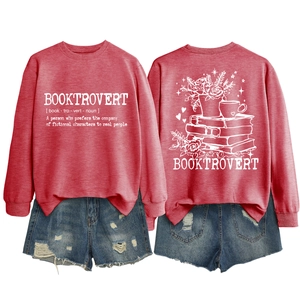 Detailed flat lay of red cotton sweatshirt with Booktrovert print and text definition