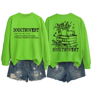 Detailed back and front view of Booktrovert sweatshirt with floral book illustrations