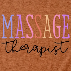 Detailed view of colorful MASSAGE therapist typography on soft knit fabric texture
