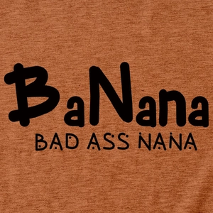 Detail of Banana Bad Ass Nana print on textured burnt orange cotton fabric T-shirt