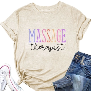 Detail of Massage Therapist print on cotton crewneck t-shirt with flat lay accessories