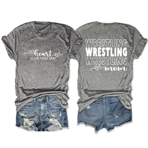 Detailed front and back view of Wrestling Mom gray t-shirt with heart on mat print