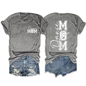 Détails avant et arrière du t-shirt gris à manches courtes avec imprimé Dance MOM blanc
