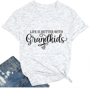 Detail of Heather White T-shirt with 'LIFE IS BETTER WITH Grandkids' print and heart logo