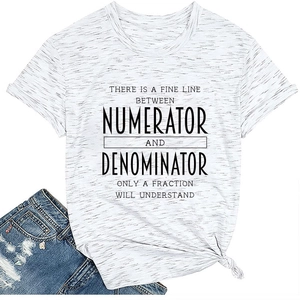 Detail of heather grey knotted T-shirt with black math quote print and crew neck