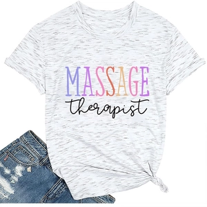 Flat lay of a heather white t-shirt featuring artistic Massage Therapist print detail