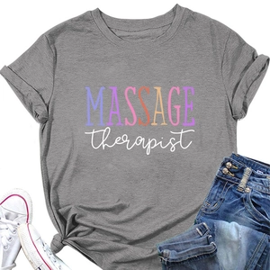 Flat lay of gray massage therapist t-shirt with rolled sleeves and denim jeans