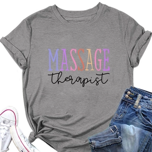 Detail of grey crewneck tee with colorful Massage Therapist print and tied hem design