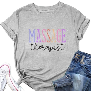 Detail view of light grey massage therapist t-shirt with knotted hem and round neckline