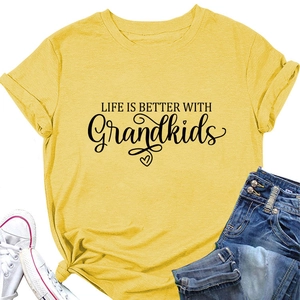 Detail of cotton t-shirt with 'LIFE IS BETTER WITH Grandkids' print and stylish side knot