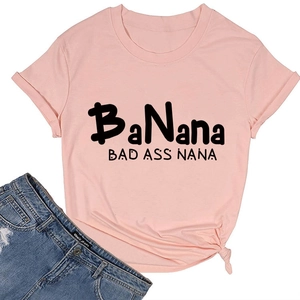 Pink cotton crewneck T-shirt with 'Bad Ass Nana' text and stylish knotted hem detail