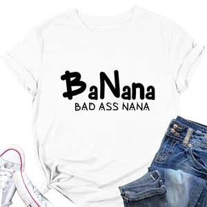 Flat lay detail of a white cotton T-shirt with black BaNana lettering and denim jeans