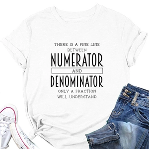 Detail of white cotton T-shirt featuring a humorous math quote print and casual styling