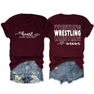 Detail view of front and back print on burgundy Wrestling Mom short sleeve T-shirt