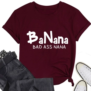 Detail of burgundy BaNana Bad Ass Nana T-shirt with crew neck and stylish side knot design